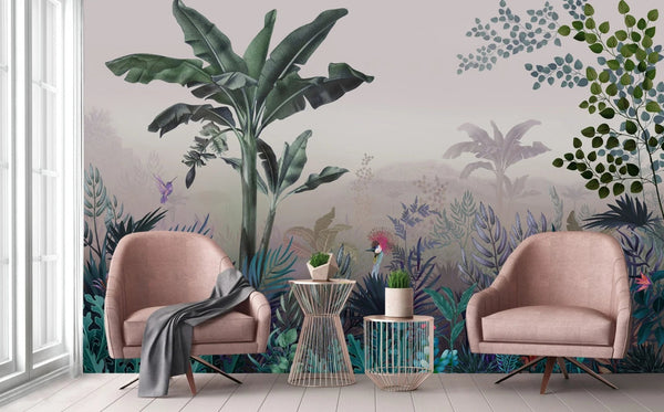 Tropical Theme Wall Mural, Light Green Nature Birds Palm Tree Leaves Wallpaper, Customized Wall Art, Large Store Shop Wall Paper, Jungle, Forest Theme - Adawall Wallpaper - Registered Trade Accounts Only, Wallpaper Wholesale Account - A320-3 - Adawall Wholesale - Wallpaper Wholesaler