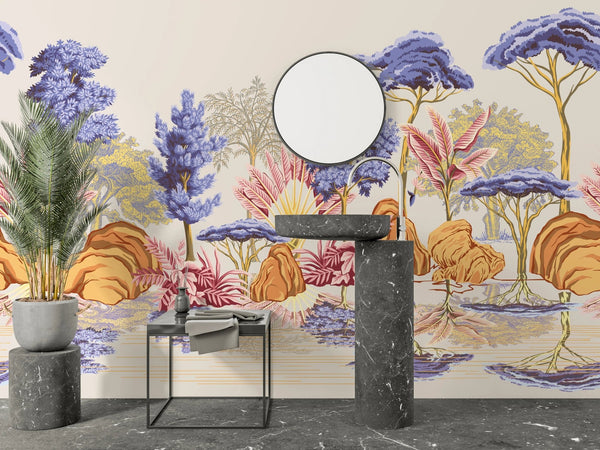 Tropical Vintage Landscape Wallpaper, Purple Trees Wall Mural, Oversized Custom Size Wall Art, Non - Woven, Non - Adhesive, Modern Wall Paper, Removable - Adawall Wallpaper - Registered Trade Accounts Only, Wallpaper Wholesale Account - W77487 - Adawall Wholesale - Wallpaper Wholesaler