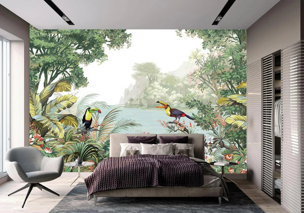 Tropical Wall Mural Art, Birds Forest Nature Theme Wallpaper, Interior Design Wall Covering, Non - Woven, Non - Pasted, Removable, Washable - Adawall Wallpaper - Registered Trade Accounts Only, Wallpaper Wholesale Account - A323-1 - Adawall Wholesale - Wallpaper Wholesaler