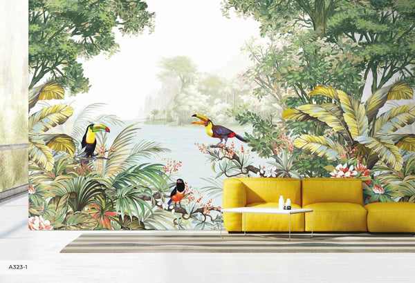 Tropical Wall Mural Art, Birds Forest Nature Theme Wallpaper, Interior Design Wall Covering, Non - Woven, Non - Pasted, Removable, Washable - Adawall Wallpaper - Registered Trade Accounts Only, Wallpaper Wholesale Account - A323-1 - Adawall Wholesale - Wallpaper Wholesaler