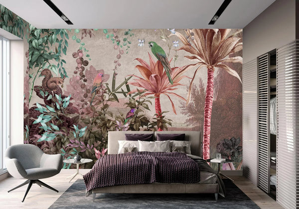 Tropical Wall Mural, Nature Palm Tree Green Parrot Wallpaper, Jungle Forest Theme, Non-Woven, Non-Adhesive, Removable, Exotic Wall Print Art, Interior Decor - Walloro High End Wallcoverings & More