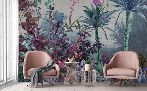 Tropical Wall Mural, Nature Palm Tree Purple Parrot Wallpaper, Jungle Forest Theme, Non-Woven, Non-Adhesive, Removable, Exotic Wall Print Art, Interior Decor - Walloro High End Wallcoverings & More
