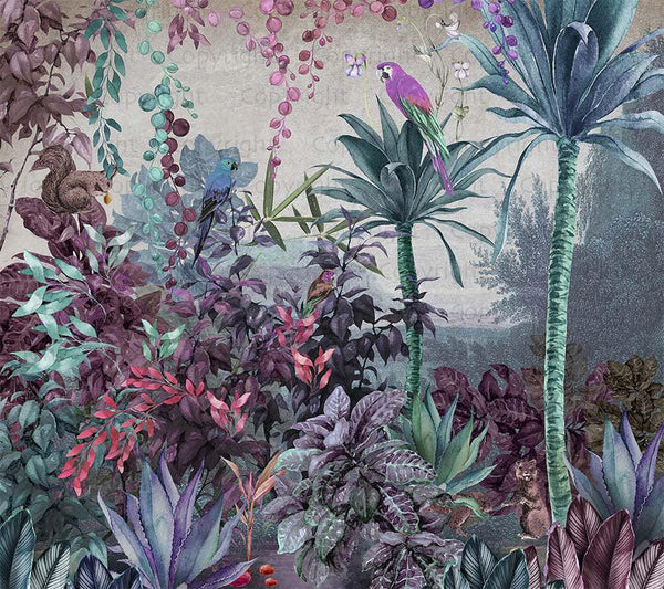 Tropical Wall Mural, Nature Palm Tree Purple Parrot Wallpaper, Jungle Forest Theme, Non-Woven, Non-Adhesive, Removable, Exotic Wall Print Art, Interior Decor - Walloro High End Wallcoverings & More