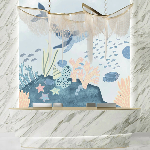Under the Sea Wallpaper, Sea Animals Mural, Oversized Custom Size Wall Art, Non - Woven, Non - Adhesive, Modern Wall Paper, Removable - Adawall Wallpaper - Registered Trade Accounts Only, Wallpaper Wholesale Account - W77663 - Adawall Wholesale - Wallpaper Wholesaler