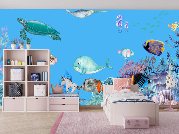 Underwater Wallpaper, Sea Animals Mural, Oversized Custom Size Wall Art, Non - Woven, Non - Adhesive, Modern Wall Paper, Removable - Adawall Wallpaper - Registered Trade Accounts Only, Wallpaper Wholesale Account - W77665 - Adawall Wholesale - Wallpaper Wholesaler