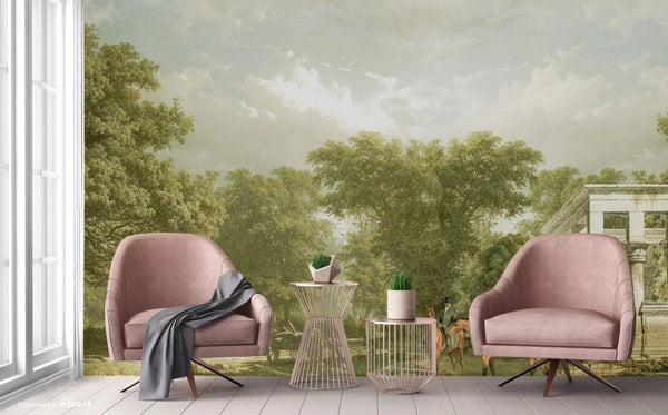 Vintage Scenic Victorian Wall Mural, Large Green Nature Wallpaper, Non - Woven, Non - Adhesive, Modern, Washable, Removable - Adawall Wallpaper - Registered Trade Accounts Only, Wallpaper Wholesale Account - FJ314-2 - Adawall Wholesale - Wallpaper Wholesaler