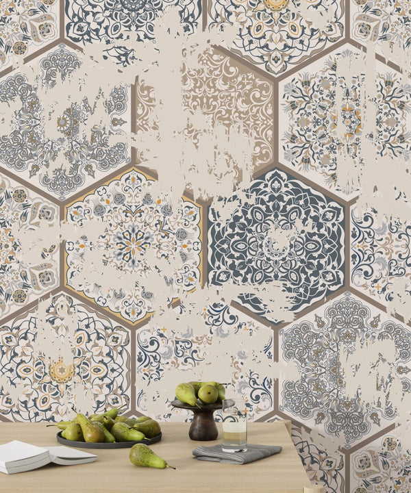 Vintage Tile Wallpaper, Hexagon Pattern Mural, Oversized Custom Size Wall Art, Non - Woven, Non - Adhesive, Modern Wall Paper, Removable - Adawall Wallpaper - Registered Trade Accounts Only, Wallpaper Wholesale Account - W77524 - Adawall Wholesale - Wallpaper Wholesaler