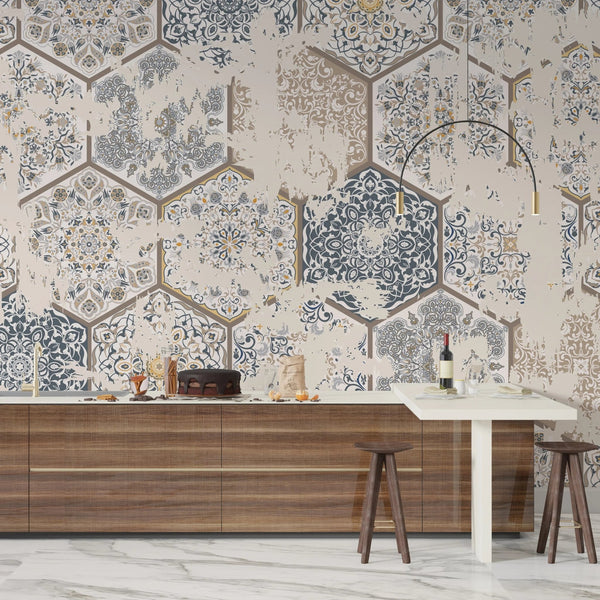 Vintage Tile Wallpaper, Hexagon Pattern Mural, Oversized Custom Size Wall Art, Non - Woven, Non - Adhesive, Modern Wall Paper, Removable - Adawall Wallpaper - Registered Trade Accounts Only, Wallpaper Wholesale Account - W77524 - Adawall Wholesale - Wallpaper Wholesaler
