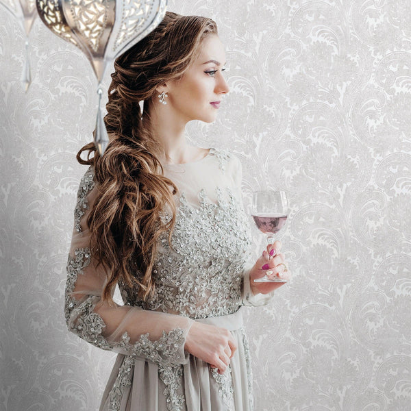 Washed White Paisley Pattern Wallpaper, Rich Textured Wallcovering, Traditional, Extra Large 114 sq ft Roll, Washable, Home Wall Decor, Durable - Adawall Wallpaper - Registered Trade Accounts Only, Wallpaper Wholesale Account - 4710-1 - Adawall Wholesale - Wallpaper Wholesaler