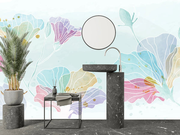 Watercolor Art Wallpaper, Colorful Flowers Mural, Oversized Custom Size Wall Art, Non - Woven, Non - Adhesive, Modern Wall Paper, Removable - Adawall Wallpaper - Registered Trade Accounts Only, Wallpaper Wholesale Account - W77936 - Adawall Wholesale - Wallpaper Wholesaler