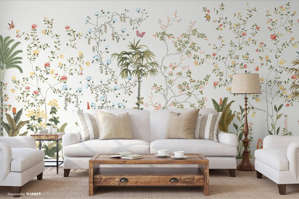 White Botanical Wall Mural, Butterfly Flowers Chinoiserie Wallpaper, Nature Theme Custom Size Wall Covering, Non - Woven, Non - Pasted, Removable, Washable - Adawall Wallpaper - Registered Trade Accounts Only, Wallpaper Wholesale Account - FJ305-1 - Adawall Wholesale - Wallpaper Wholesaler