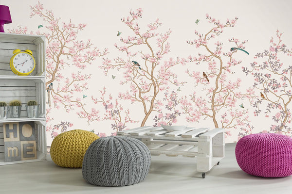 White Chinoiserie Floral Wall Mural, Birds Tree Flowers Wallpaper, Custom Size Wall Covering, Non-Woven, Non-Adhesive, Removable, Washable - Walloro High End Wallcoverings & More
