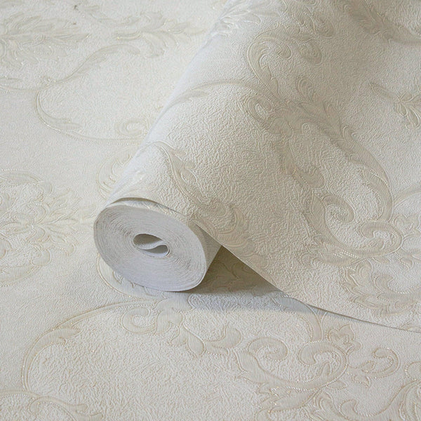 white Italian Damask Embossed Wallpaper, Sparkling Neutral Colors Luxury Wallcovering - Walloro High End Wallcoverings & More
