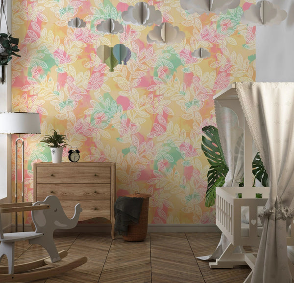 White Leaf Branches Wallpaper, Colorful Background Mural, Oversized Custom Size Wall Art, Non - Woven, Non - Adhesive, Modern Wall Paper, Removable - Adawall Wallpaper - Registered Trade Accounts Only, Wallpaper Wholesale Account - W77572 - Adawall Wholesale - Wallpaper Wholesaler