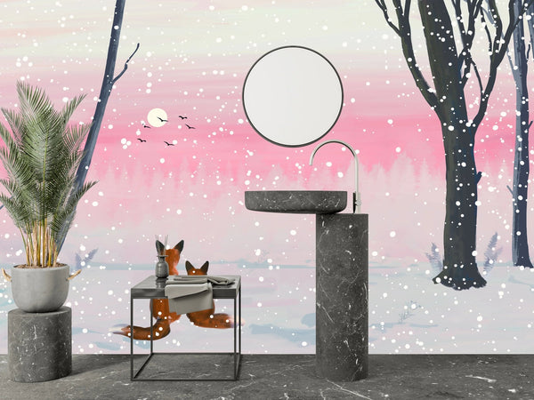 Winter Landscape Wallpaper, Foxes Mural, Oversized Custom Size Wall Art, Non - Woven, Non - Adhesive, Modern Wall Paper, Removable - Adawall Wallpaper - Registered Trade Accounts Only, Wallpaper Wholesale Account - W78154 - Adawall Wholesale - Wallpaper Wholesaler