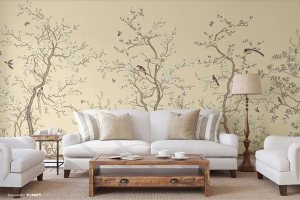 Yellow Chinoiserie Floral Wall Mural, Birds Tree Flowers Wallpaper, Custom Size Wall Covering, Non - Woven, Non - Adhesive, Removable, Washable - Adawall Wallpaper - Registered Trade Accounts Only, Wallpaper Wholesale Account - FJ304-2 - Adawall Wholesale - Wallpaper Wholesaler