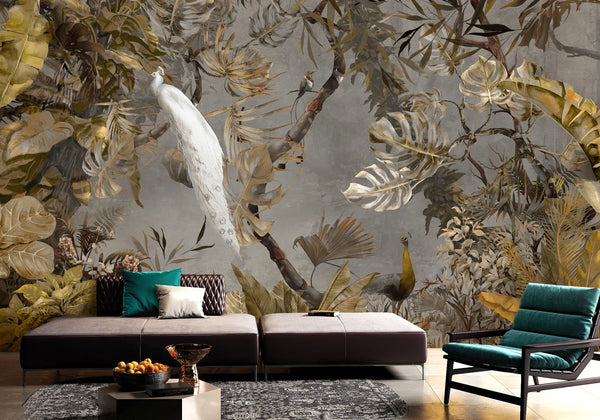 Yellow Elegant Chinoiserie Peacock Wall Mural Floral Leaves Wallpaper, Custom Wall Mural, Non-Adhesive, Washable, Extra Large, Removable, Home Decor Wall Art - Walloro High End Wallcoverings & More