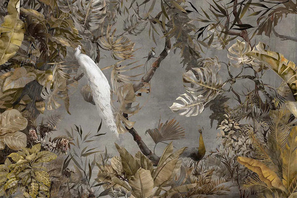 Yellow Elegant Chinoiserie Peacock Wall Mural Floral Leaves Wallpaper, Custom Wall Mural, Non - Adhesive, Washable, Extra Large, Removable, Home Decor Wall Art - Adawall Wallpaper - Registered Trade Accounts Only, Wallpaper Wholesale Account - A301-3 - Adawall Wholesale - Wallpaper Wholesaler