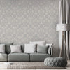 Damask Flocked Velvet Feel Wallpaper, White, Light GrayDeep 3D Embossed Quilted Texture Luxury Wallcovering, Non-Woven - Walloro Luxury Embossed Textured Wallpaper 
