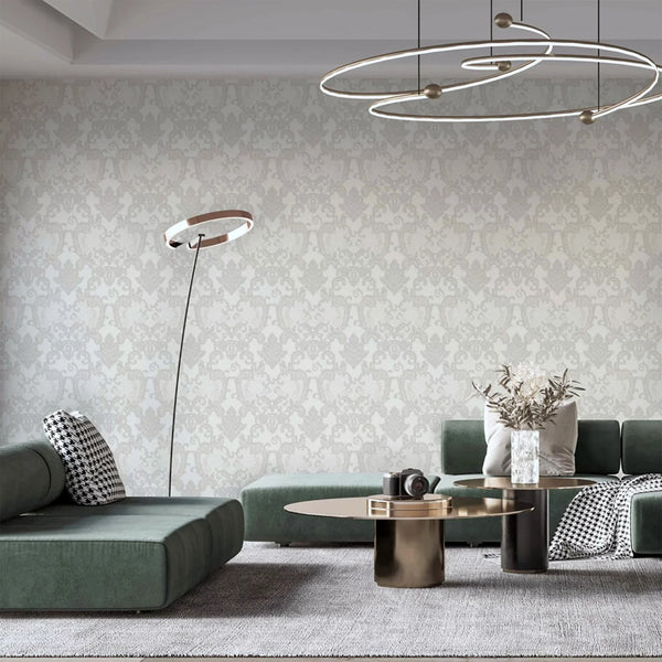 Damask Flocked Velvet Feel Wallpaper, White, Light GrayDeep 3D Embossed Quilted Texture Luxury Wallcovering, Non-Woven - Walloro Luxury Embossed Textured Wallpaper 