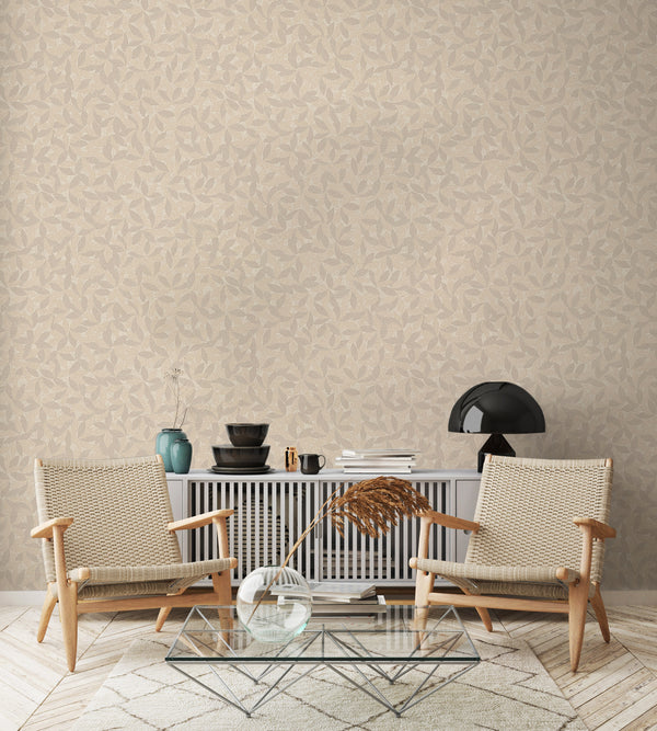 Beige Leaf Pattern Wallpaper, Natural Wallpaper, Modern & Minimalist Wall Covering, Modern Look Neutral Colors Glittering Wallcovering