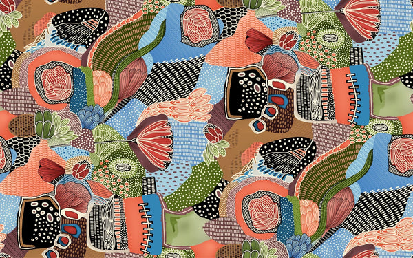 Abstract Shapes and Flowers Wallpaper, Seamless Pattern Mural, Oversized Custom Size Wall Art, Non-Woven, Non-Adhesive, Modern Wall Paper, Removable
