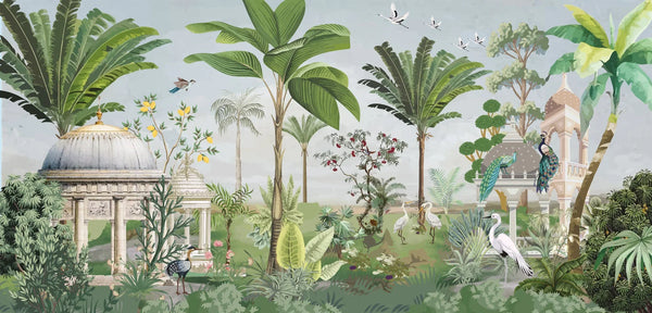 Mughal Garden-Dome Wallpaper, Birds Wall Mural, Oversized Custom Size Wall Art, Non-Woven, Non-Adhesive, Modern Wall Paper, Removable