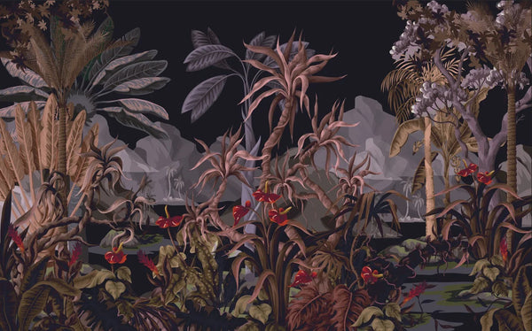 Dark Jungle Landscape Wallpaper, Tropical Trees Wall Mural, Oversized Custom Size Wall Art, Non-Woven, Non-Adhesive, Modern Wall Paper, Removable