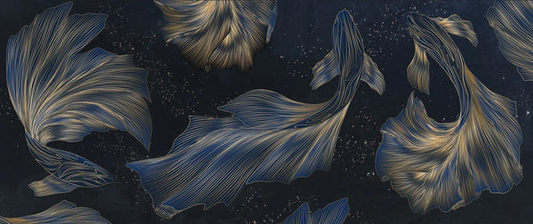 Koi Fish Wallpaper, Golden Line Style Wall Mural, Oversized Custom Size Wall Art, Non-Woven, Non-Adhesive, Modern Wall Paper, Removable