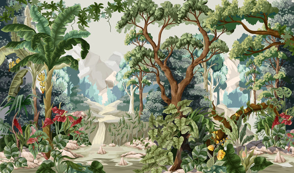 Jungle Wallpaper, Tropical Plants Mural, Oversized Custom Size Wall Art, Non-Woven, Non-Adhesive, Modern Wall Paper, Removable