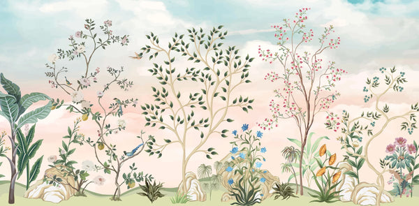 Chinoiserie Wallpaper, Floral Trees Mural, Oversized Custom Size Wall Art, Non-Woven, Non-Adhesive, Modern Wall Paper, Removable