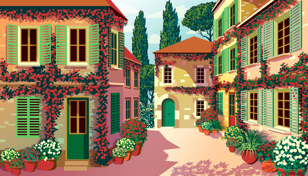 Village Square Wallpaper, Traditional Houses, Potted Flowers Mural, Oversized Custom Size Wall Art, Non-Woven, Non-Adhesive, Modern Wall Paper, Removable