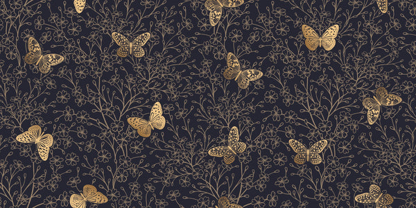 Gold Butterflies and Flowers Wallpaper, Black Background Mural, Oversized Custom Size Wall Art, Non-Woven, Non-Adhesive, Modern Wall Paper, Removable