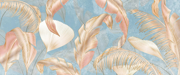 Golden Palms Wallpaper, Blue Background Mural, Oversized Custom Size Wall Art, Non-Woven, Non-Adhesive, Modern Wall Paper, Removable
