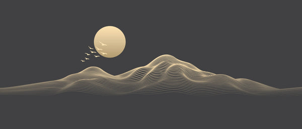 Abstract Gold Landscape Wallpaper, Mountain and Birds, Black Background Mural, Oversized Custom Size Wall Art, Non-Woven, Non-Adhesive, Modern Wall Paper, Removable