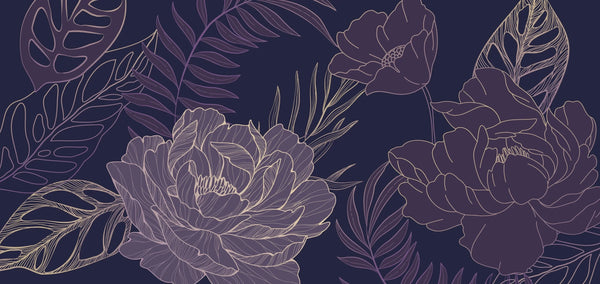 Purple Flowers Wallpaper, Big Leaves Mural, Oversized Custom Size Wall Art, Non-Woven, Non-Adhesive, Modern Wall Paper, Removable