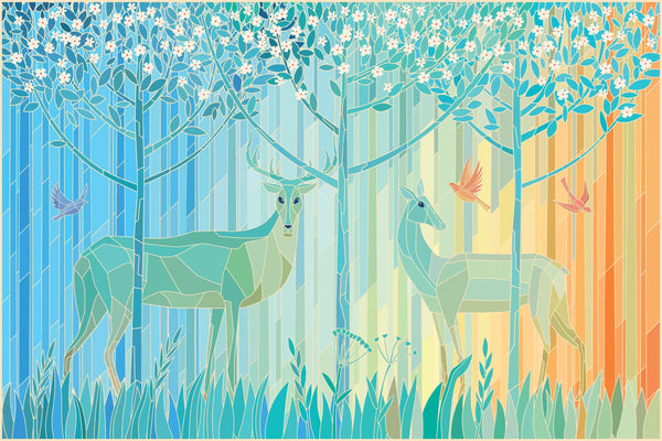 Stained Glass Deers Wallpaper, Spring Forest Mural, Oversized Custom Size Wall Art, Non-Woven, Non-Adhesive, Modern Wall Paper, Removable