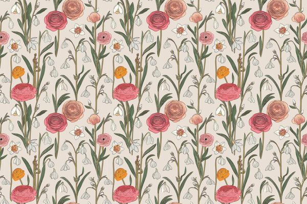 Abstract Handmade Floral Wallpaper, Seamless Pattern Mural, Oversized Custom Size Wall Art, Non-Woven, Non-Adhesive, Modern Wall Paper, Removable