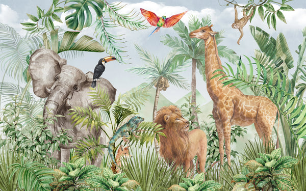 African Animals Wallpaper, Watercolor Wildlife Mural, Oversized Custom Size Wall Art, Non-Woven, Non-Adhesive, Modern Wall Paper, Removable