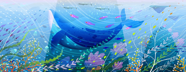 Whale and Fishes Wallpaper, Underwater Scene Mural, Oversized Custom Size Wall Art, Non-Woven, Non-Adhesive, Modern Wall Paper, Removable