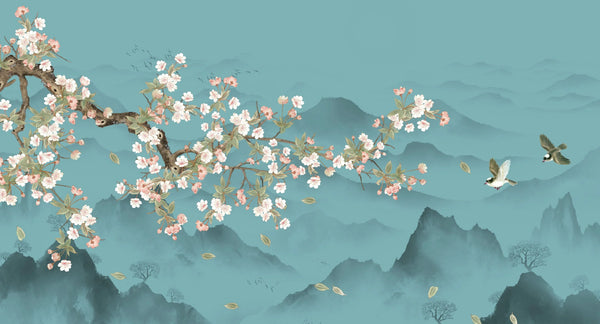 Blue Chinoiserie Wallpaper, Tree and Birds Mural, Oversized Custom Size Wall Art, Non-Woven, Non-Adhesive, Modern Wall Paper, Removable