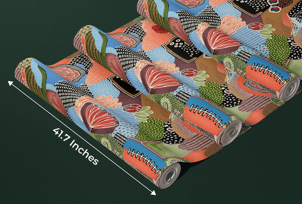 Abstract Shapes and Flowers Wallpaper, Seamless Pattern Mural, Oversized Custom Size Wall Art, Non-Woven, Non-Adhesive, Modern Wall Paper, Removable