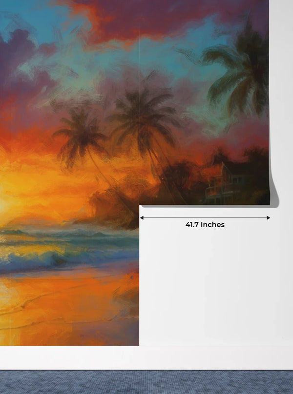 Tropical Beach, Golden Hour Wallpaper, Oil Painting Mural, Oversized Custom Size Wall Art, Non-Woven, Non-Adhesive, Modern Wall Paper, Removable