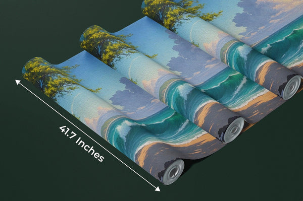 Beautiful Sea Waves and Tree Wallpaper, Oil Painting Mural, Oversized Custom Size Wall Art, Non-Woven, Non-Adhesive, Modern Wall Paper, Removable