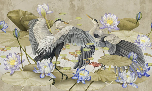 Birds Wallpaper, Lotus Mural, Oversized Custom Size Wall Art, Non-Woven, Non-Adhesive, Modern Wall Paper, Removable