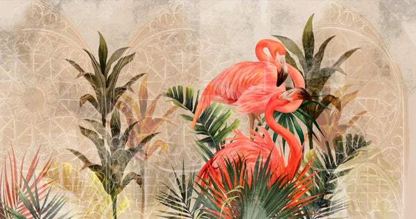 Pink Flamingos Wallpaper, Tropical Plants Mural, Oversized Custom Size Wall Art, Non-Woven, Non-Adhesive, Modern Wall Paper, Removable