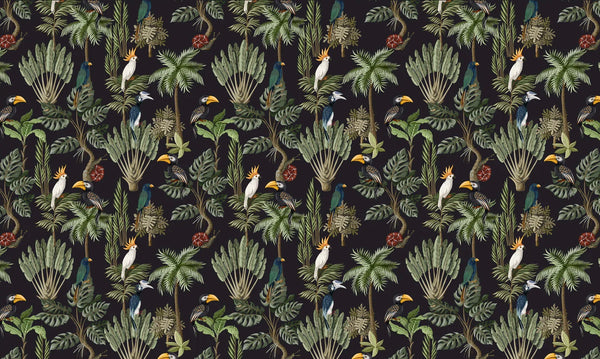 Exotic Plants and Birds Wallpaper, Forest Mural, Oversized Custom Size Wall Art, Non-Woven, Non-Adhesive, Modern Wall Paper, Removable