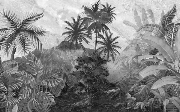 Black and White Jungle Wallpaper, Exotic Trees Mural, Oversized Custom Size Wall Art, Non-Woven, Non-Adhesive, Modern Wall Paper, Removable