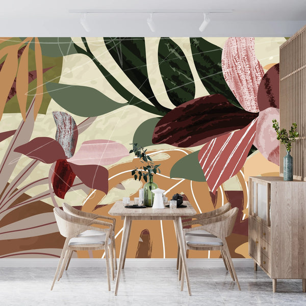 Abstract Botanical Wallpaper, Leaves Mural, Oversized Custom Size Wall Art, Non - Woven, Non - Adhesive, Modern Wall Paper, Removable - Adawall Wallpaper - Registered Trade Accounts Only, Wallpaper Wholesale Account - W77746 - Adawall Wholesale - Wallpaper Wholesaler