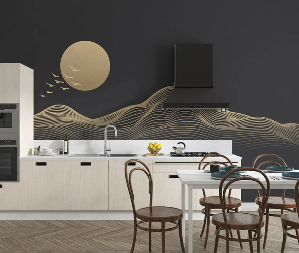 Abstract Gold Landscape Wallpaper, Mountain and Birds, Black Background Mural, Oversized Custom Size Wall Art, Non - Woven, Non - Adhesive, Modern Wall Paper, Removable - Adawall Wallpaper - Registered Trade Accounts Only, Wallpaper Wholesale Account - W77909 - Adawall Wholesale - Wallpaper Wholesaler